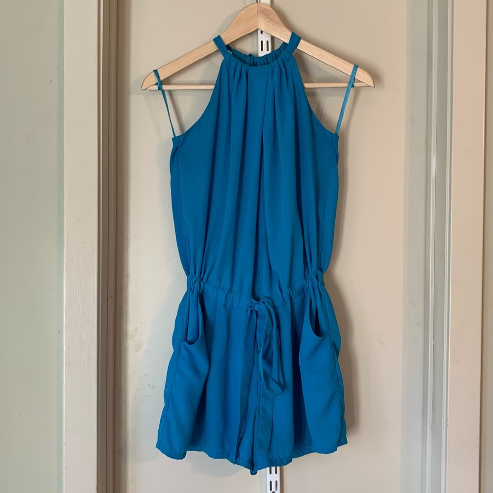 Blue high neck chiffon romper